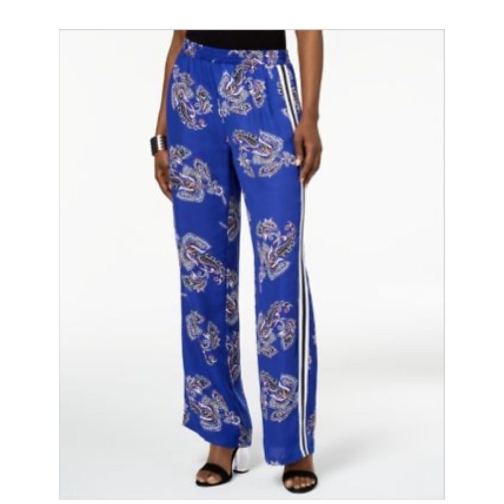 NY Collection Womens Blue Floral Print Wide-leg Pants L NWT